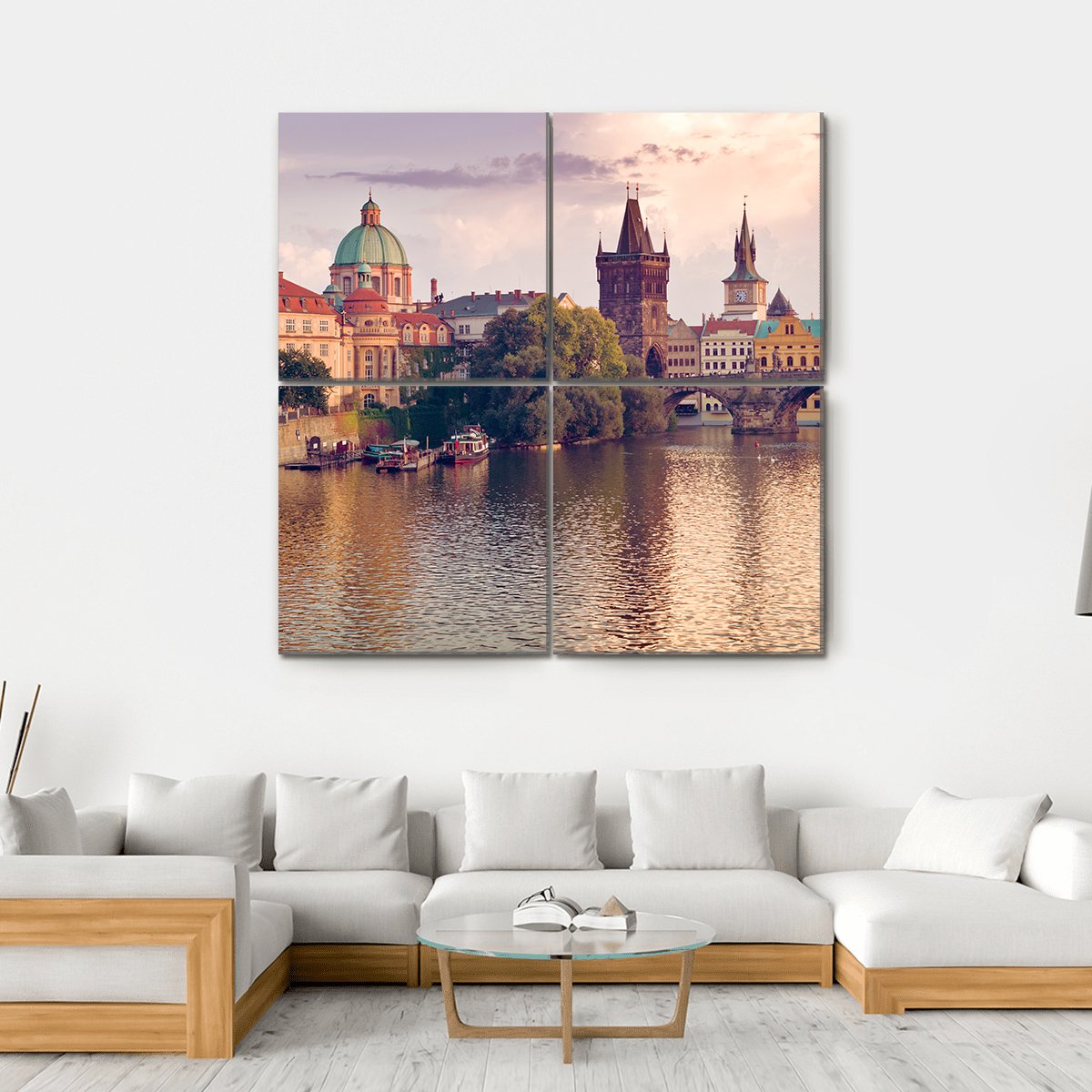 Charles Bridge Over the Vltava, Prague Canvas Wall Art in brown, gold and pink, hung on a wall