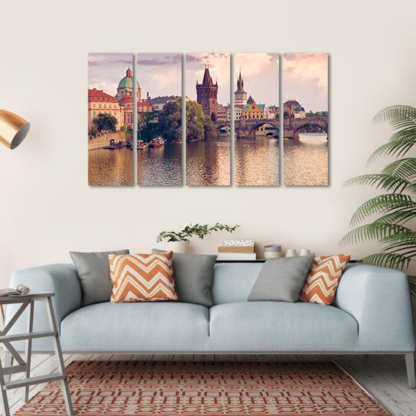 Prague Old Town With River Canvas Wall Art-5 Horizontal-Gallery Wrap-22" x 12"-Tiaracle