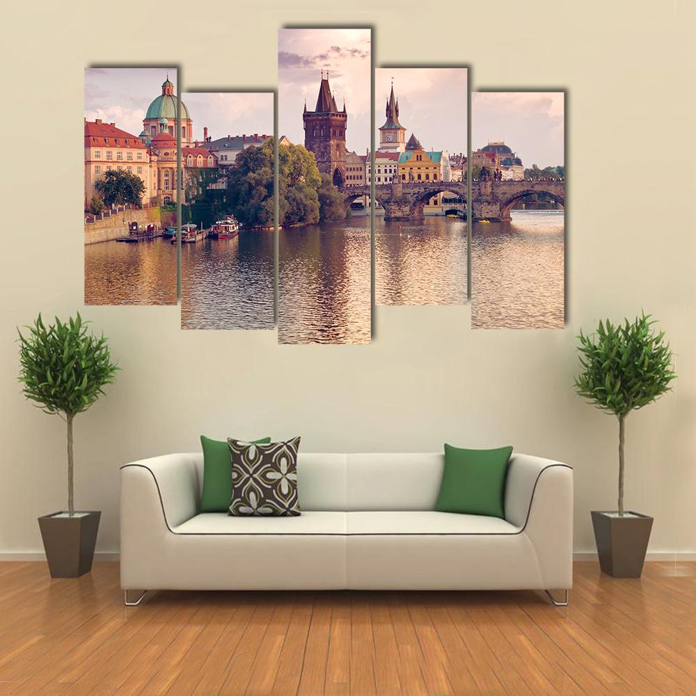 Prague Old Town With River Canvas Wall Art-5 Pop-Gallery Wrap-47" x 32"-Tiaracle
