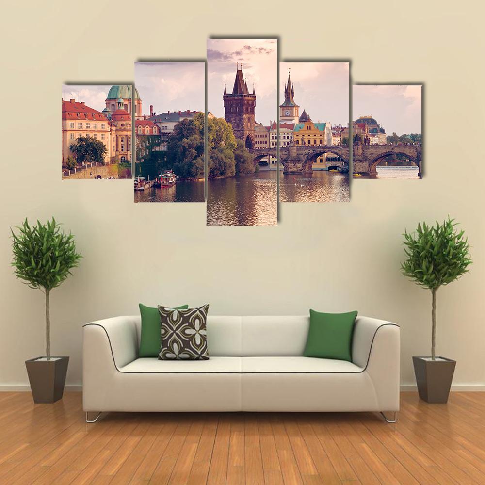 Prague Old Town With River Canvas Wall Art-5 Star-Gallery Wrap-62" x 32"-Tiaracle