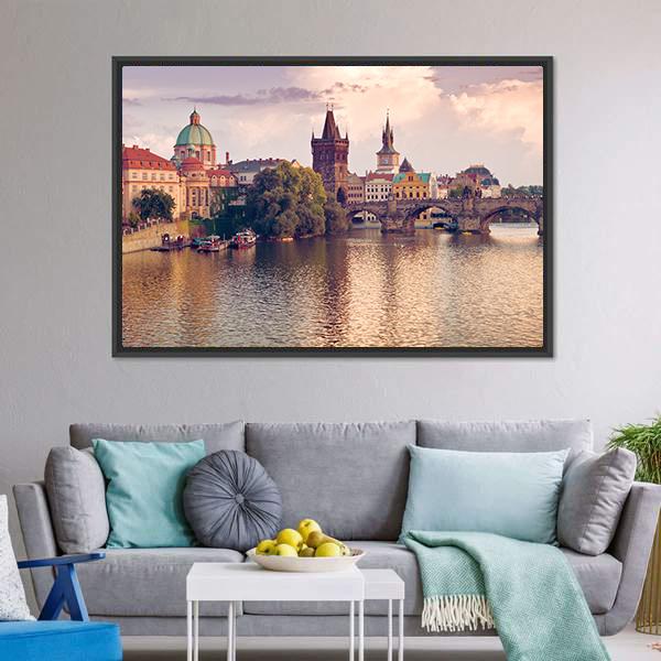 Prague Old Town River View Canvas Wall Art in brown, orange and pink, framed canvas, product view on a white background