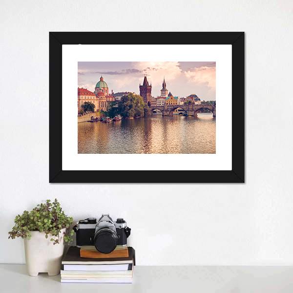 Prague Old Town With River Canvas Wall Art-1 Piece-Framed Print-20" x 16"-Tiaracle