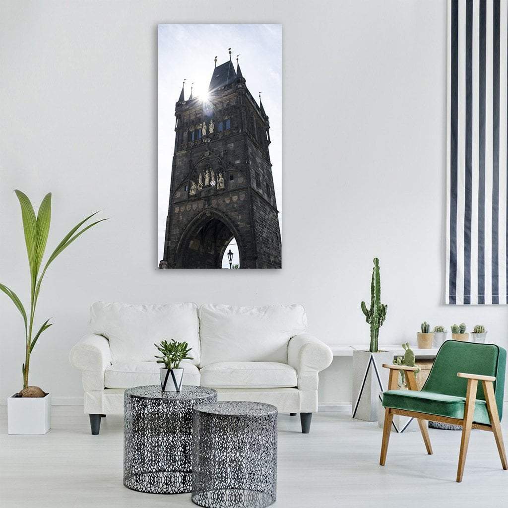 Old Town Bridge Tower in Prague Vertical Canvas Wall Art in black, white and gray, single vertical panel hung on a wall