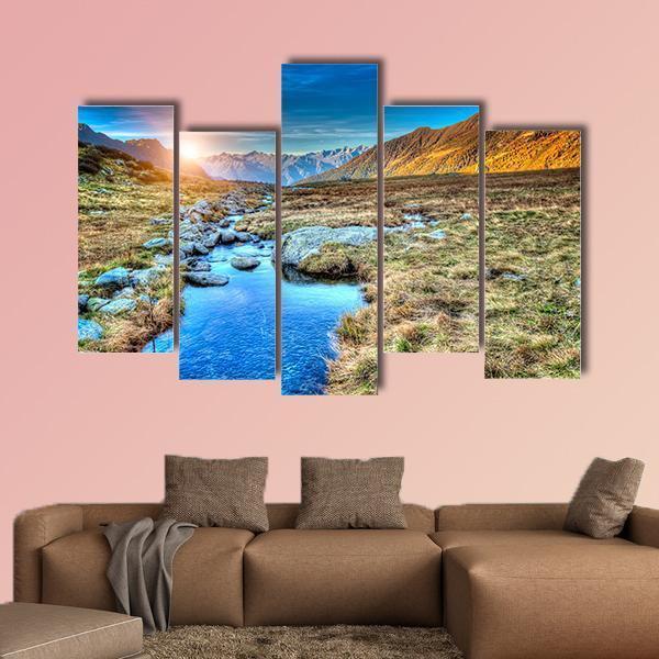 Prairie Sunset In Mountain Canvas Wall Art-5 Pop-Gallery Wrap-47" x 32"-Tiaracle