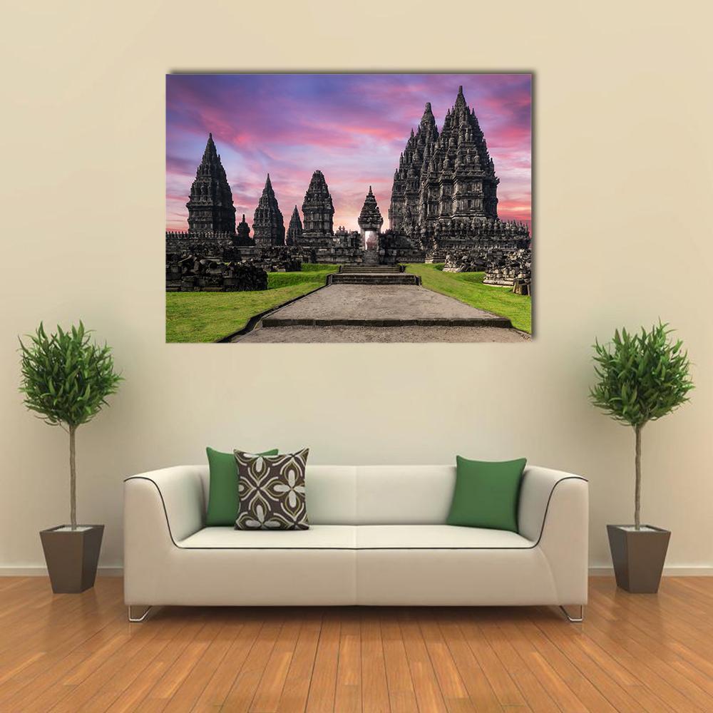 Prambanan Temple Against Sunrise Sky Canvas Wall Art-4 Horizontal-Gallery Wrap-34" x 24"-Tiaracle