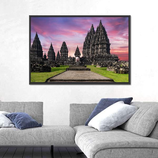 Prambanan Temple Against Sunrise Sky Canvas Wall Art-3 Horizontal-Gallery Wrap-25" x 16"-Tiaracle