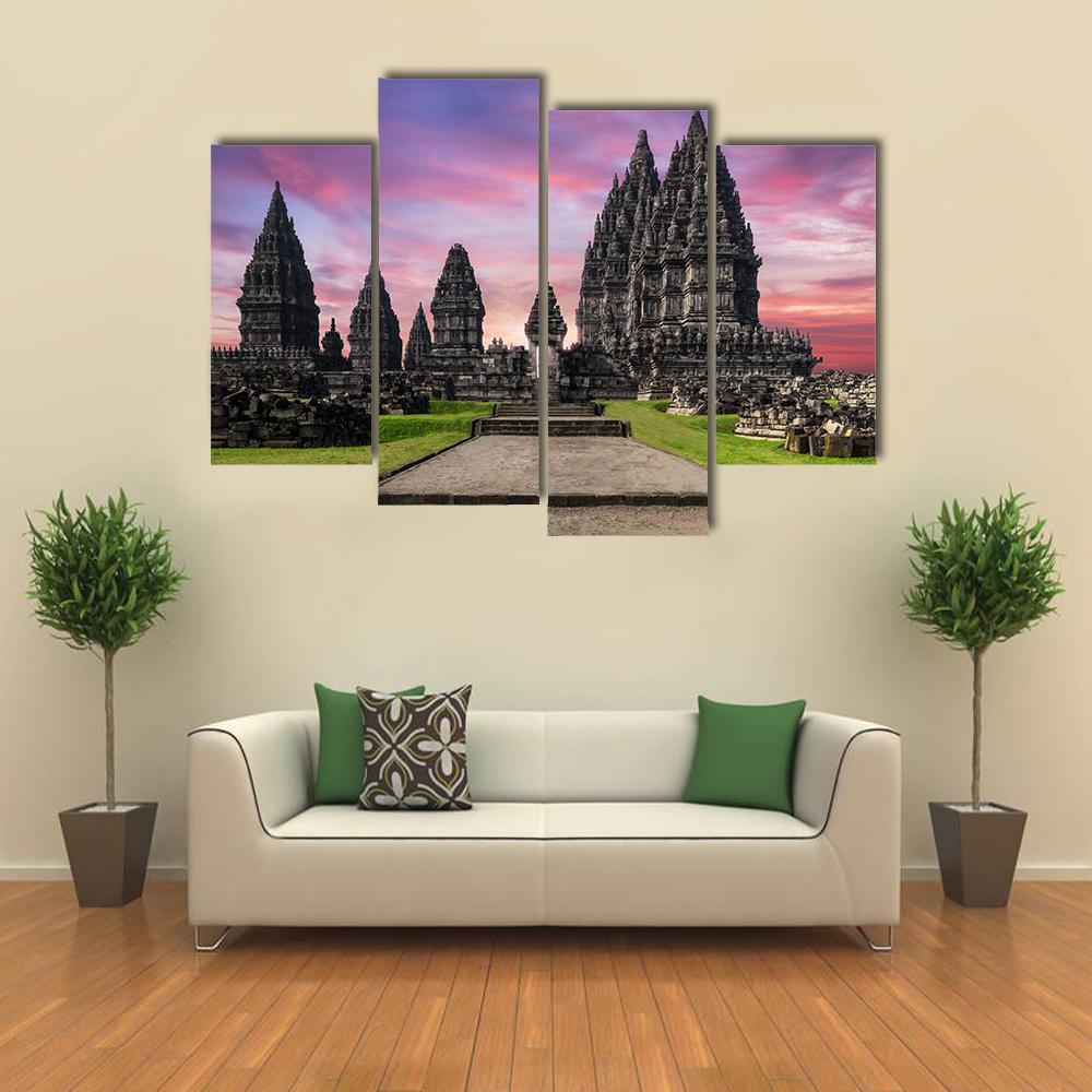 Prambanan Temple Against Sunrise Sky Canvas Wall Art-4 Pop-Gallery Wrap-50" x 32"-Tiaracle