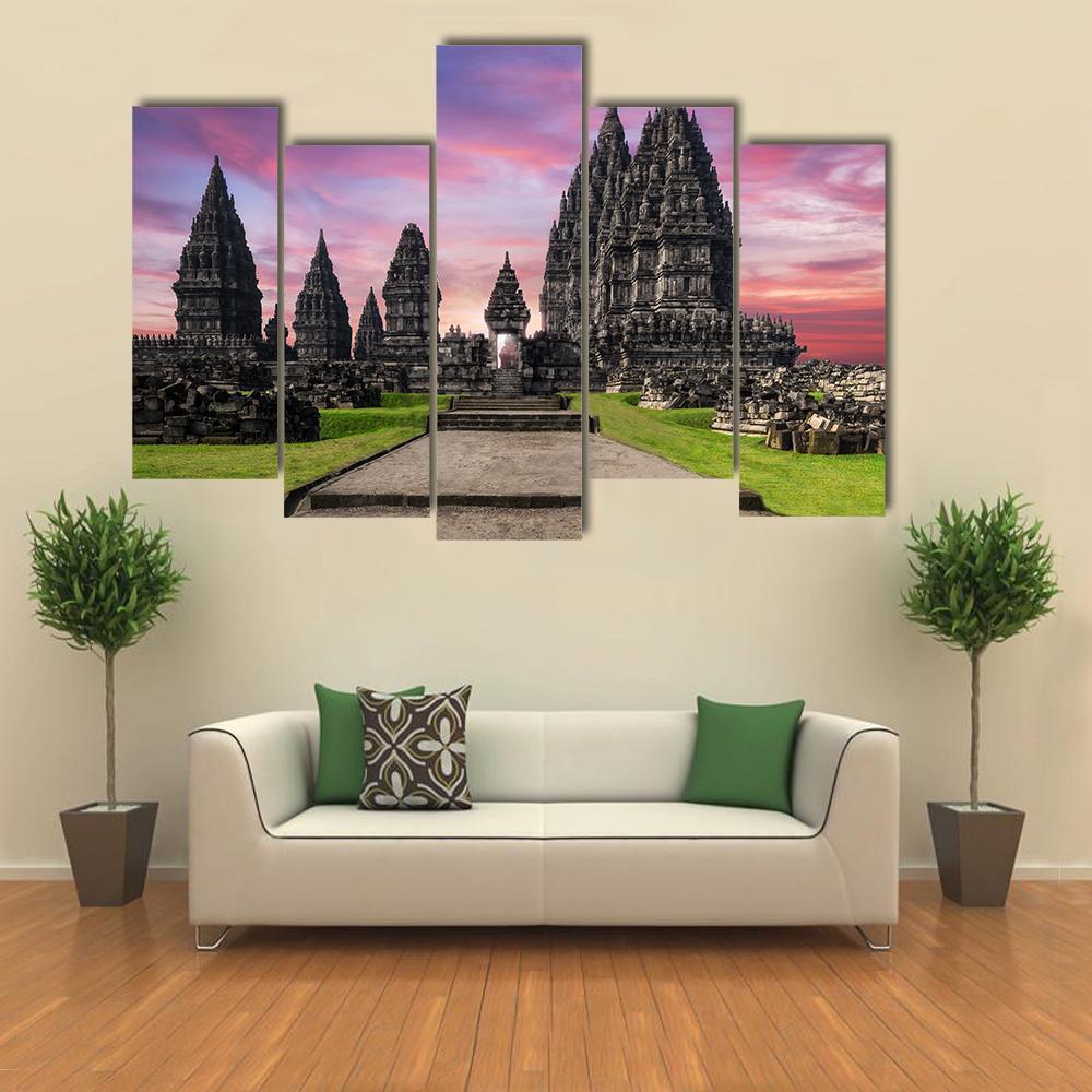Prambanan Temple Against Sunrise Sky Canvas Wall Art-5 Pop-Gallery Wrap-47" x 32"-Tiaracle