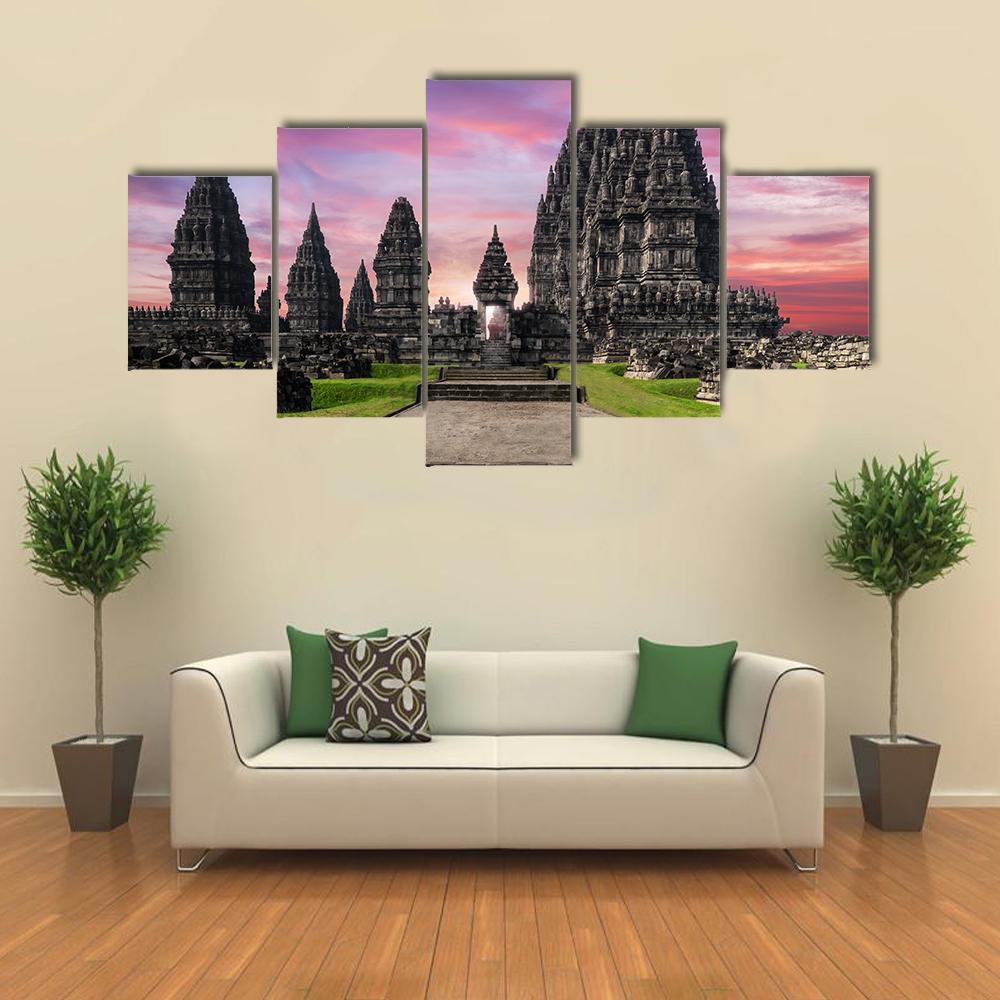 Prambanan Temple Against Sunrise Sky Canvas Wall Art-5 Star-Gallery Wrap-62" x 32"-Tiaracle