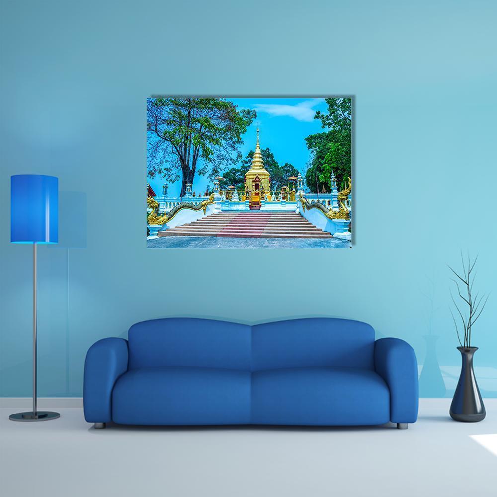 Prathat Doi Wao Temple Canvas Wall Art in white, gold and blue, single panel hung on a wall
