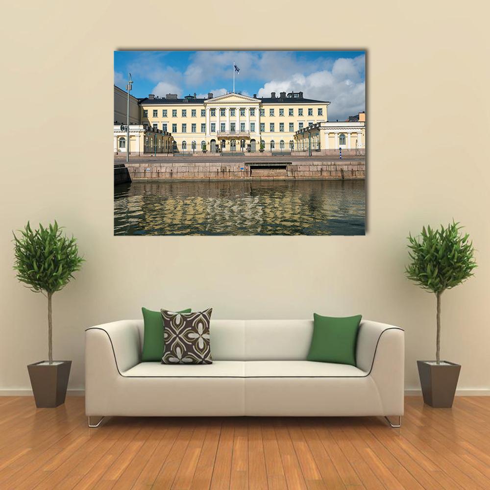 Architectural Reflection of Finland's Presidential Office Canvas Wall Art in beige, yellow and blue, single panel hung on a wall