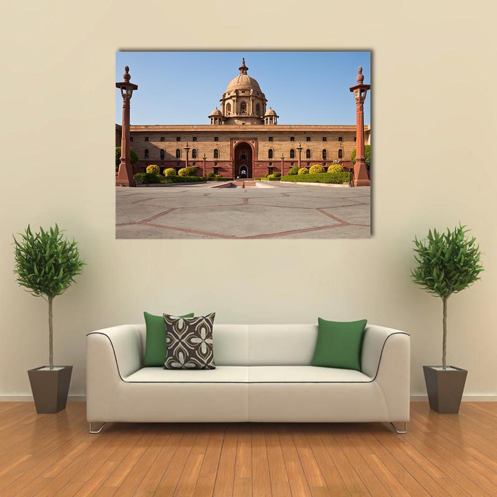 Indian Presidential Palace, New Delhi Canvas Wall Art in beige, brown and blue, single panel hung on a wall