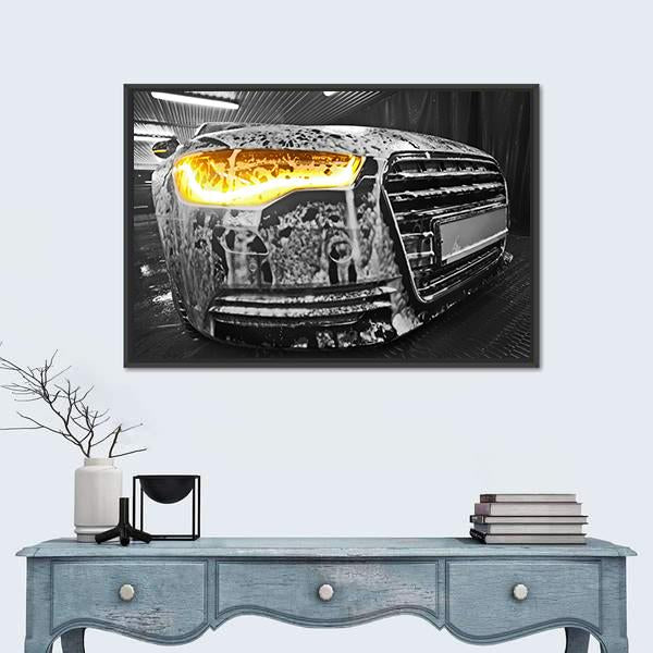 Prestigious New Black Car In Foam On Sink Canvas Wall Art-1 Piece-Floating Frame-24" x 16"-Tiaracle