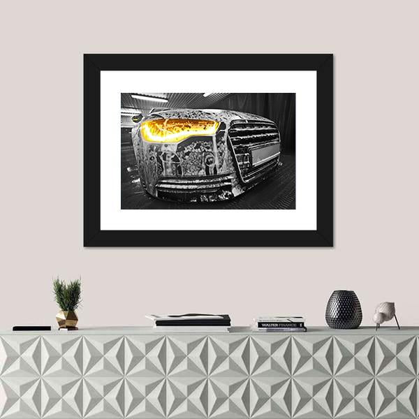 Prestigious New Black Car In Foam On Sink Canvas Wall Art-1 Piece-Framed Print-20" x 16"-Tiaracle