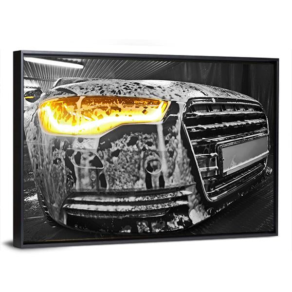 Prestigious New Black Car In Foam On Sink Canvas Wall Art-3 Horizontal-Gallery Wrap-25" x 16"-Tiaracle