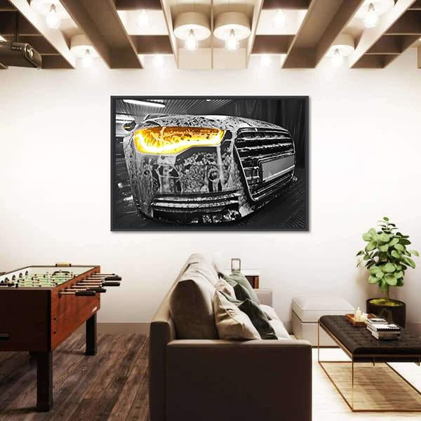 Prestigious New Black Car In Foam On Sink Canvas Wall Art-3 Horizontal-Gallery Wrap-25" x 16"-Tiaracle