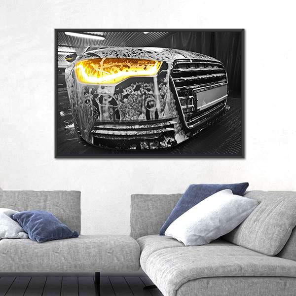 Prestigious New Black Car In Foam On Sink Canvas Wall Art-3 Horizontal-Gallery Wrap-25" x 16"-Tiaracle