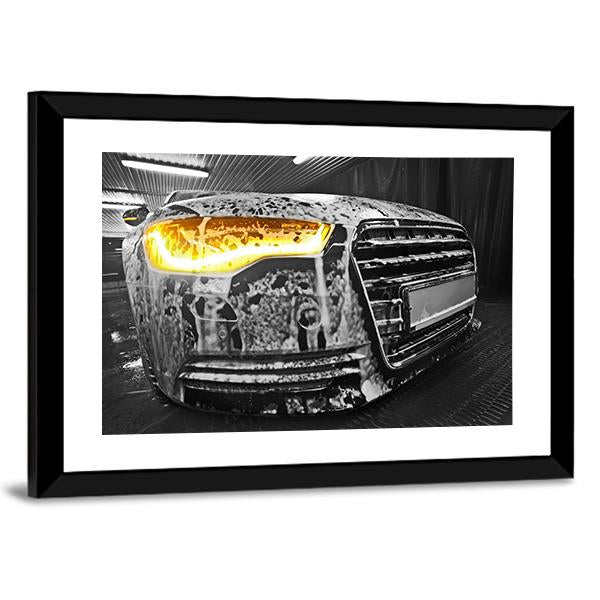 Prestigious New Black Car In Foam On Sink Canvas Wall Art-3 Horizontal-Gallery Wrap-25" x 16"-Tiaracle