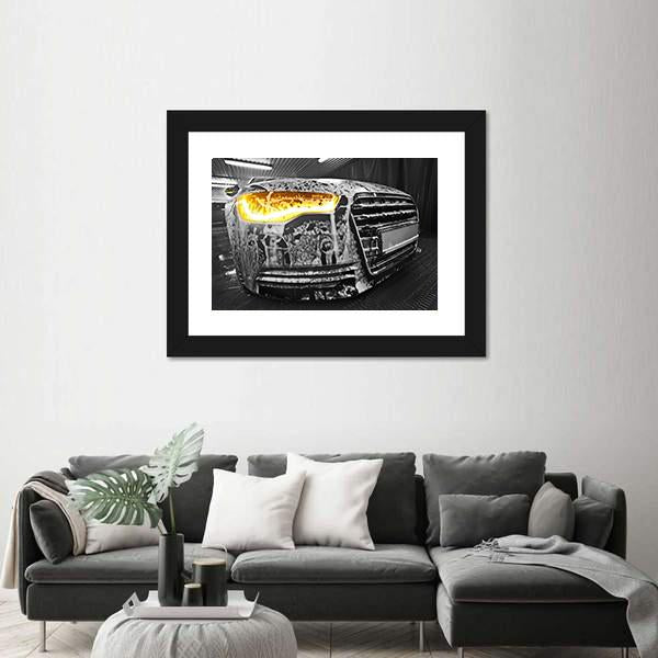Prestigious New Black Car In Foam On Sink Canvas Wall Art-3 Horizontal-Gallery Wrap-25" x 16"-Tiaracle