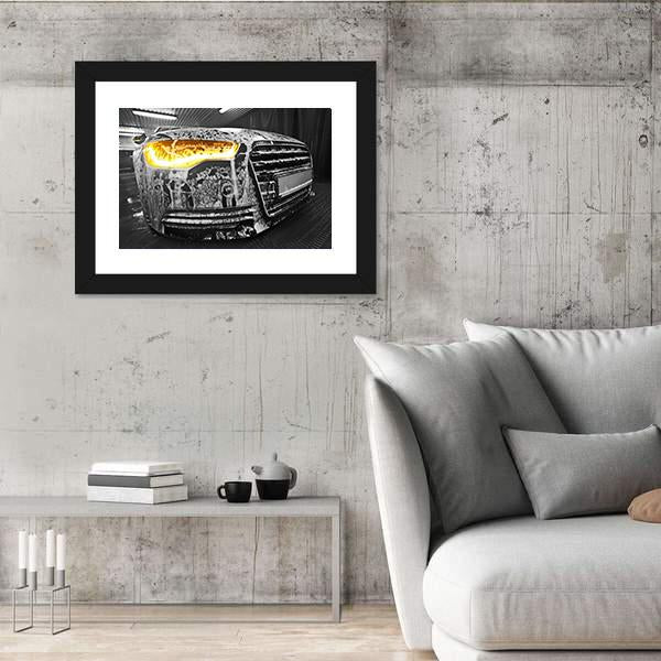 Prestigious New Black Car In Foam On Sink Canvas Wall Art-3 Horizontal-Gallery Wrap-25" x 16"-Tiaracle