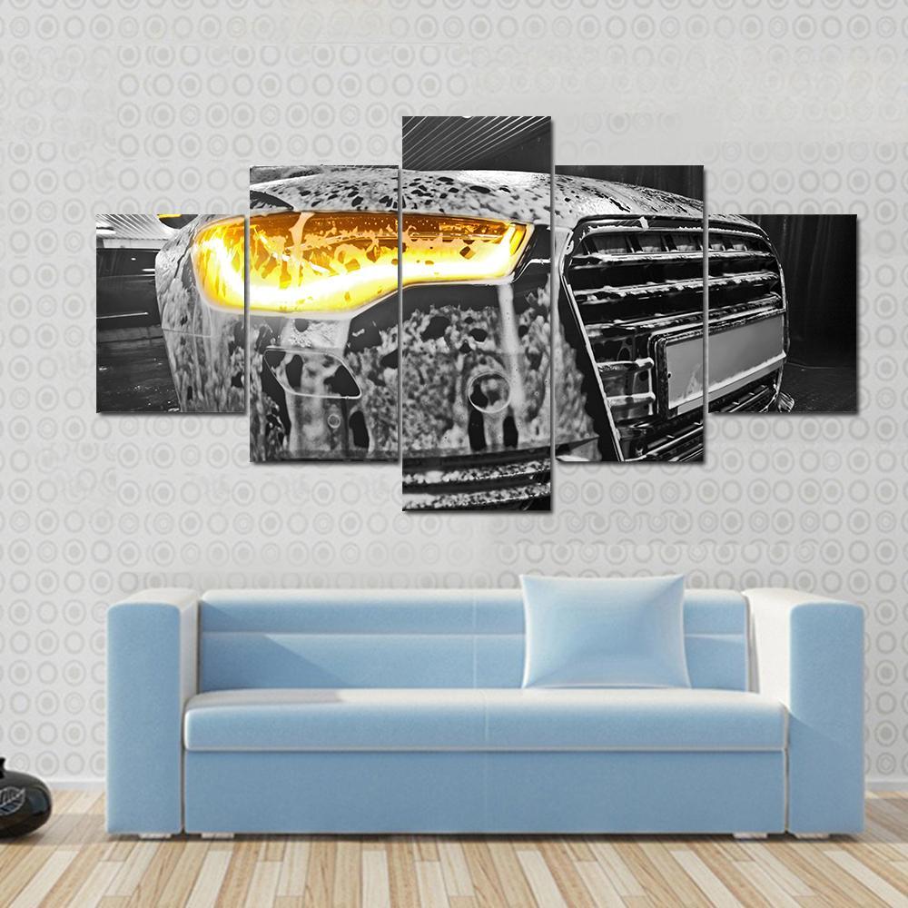 Prestigious New Black Car In Foam On Sink Canvas Wall Art-5 Star-Gallery Wrap-62" x 32"-Tiaracle