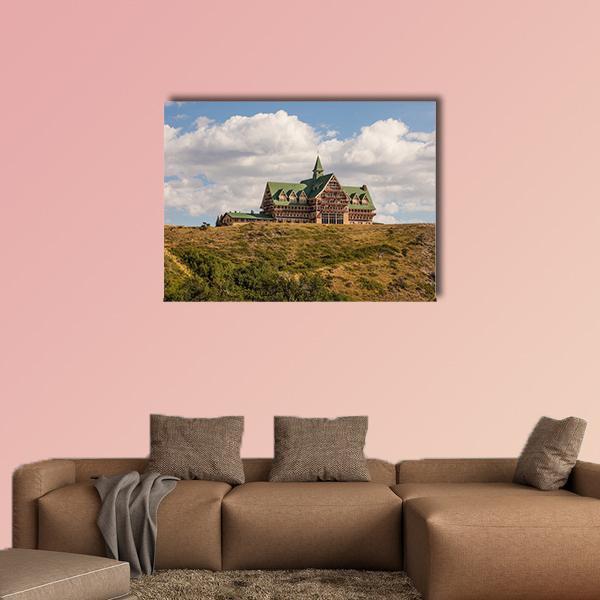 Prince of Wales Hotel, Canada Canvas Wall Art in white, brown and blue, single panel hung on a wall