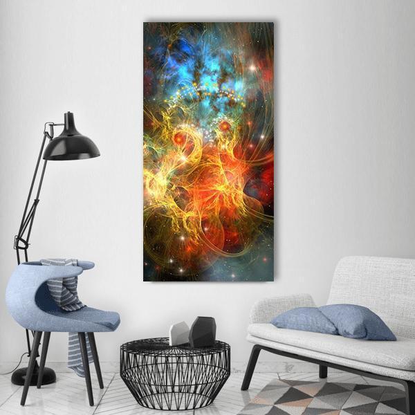 Princess Nebula Vertical Canvas Wall Art in orange, yellow and blue, single vertical panel hung on a wall
