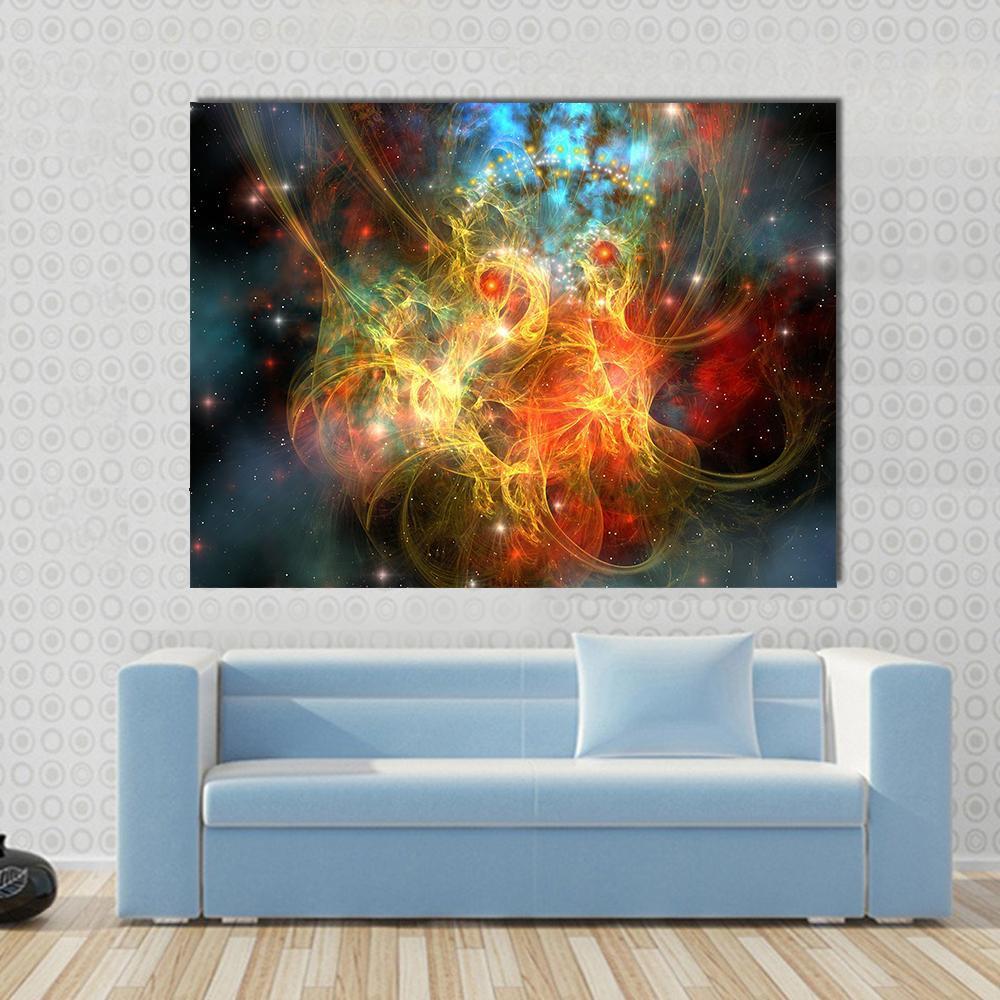 Princess Nebula with a Crown on Her Head Canvas Wall Art in orange, yellow and blue, single panel hung on a wall