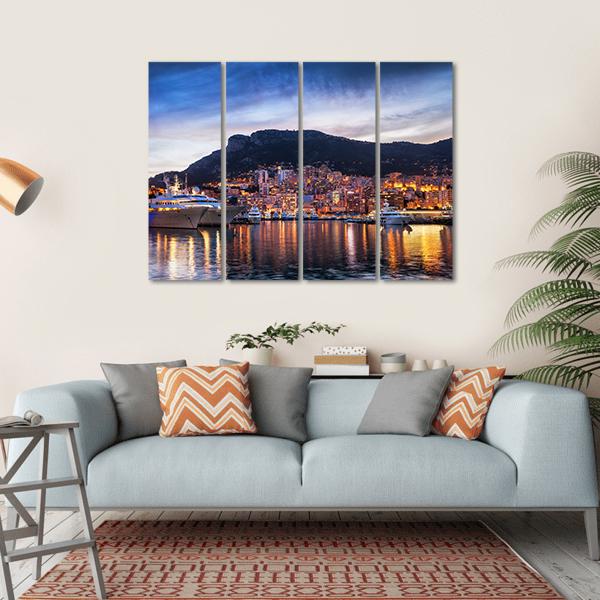 Principality Of Monaco Evening Skyline Canvas Wall Art-4 Horizontal-Gallery Wrap-34" x 24"-Tiaracle