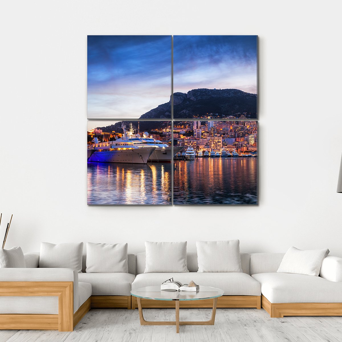 Principality Of Monaco Evening Skyline Canvas Wall Art-4 Square-Gallery Wrap-17" x 17"-Tiaracle
