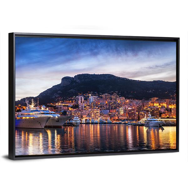 Principality Of Monaco Evening Skyline Canvas Wall Art-3 Horizontal-Gallery Wrap-25" x 16"-Tiaracle