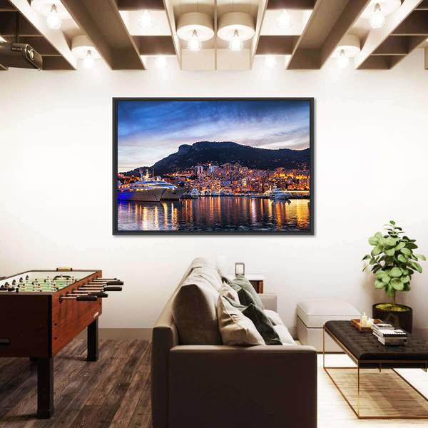 Principality Of Monaco Evening Skyline Canvas Wall Art-3 Horizontal-Gallery Wrap-25" x 16"-Tiaracle