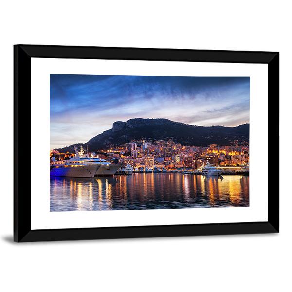 Principality Of Monaco Evening Skyline Canvas Wall Art-3 Horizontal-Gallery Wrap-25" x 16"-Tiaracle