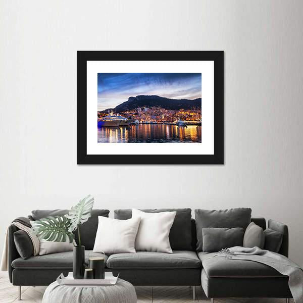 Principality Of Monaco Evening Skyline Canvas Wall Art-3 Horizontal-Gallery Wrap-25" x 16"-Tiaracle