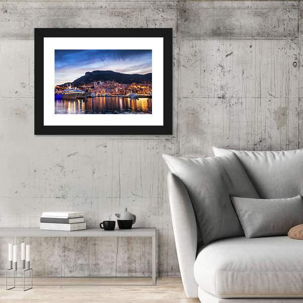 Principality Of Monaco Evening Skyline Canvas Wall Art-3 Horizontal-Gallery Wrap-25" x 16"-Tiaracle