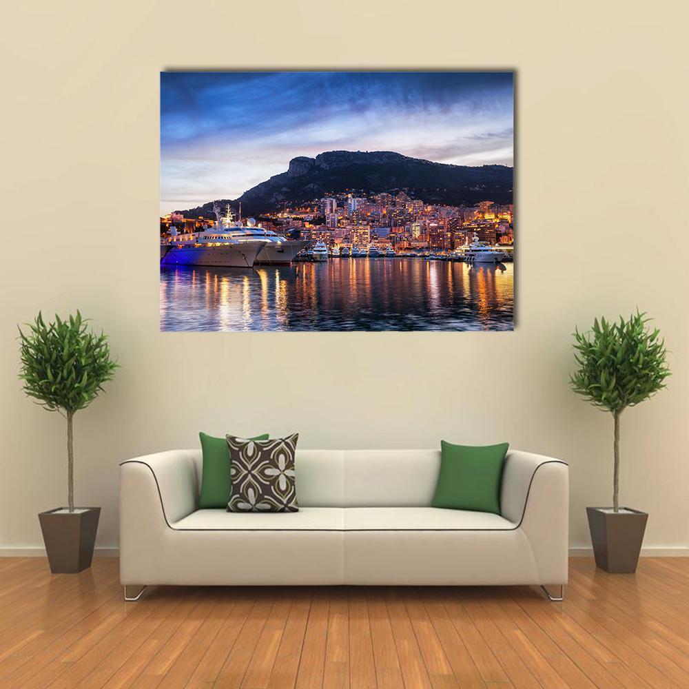 Principality Of Monaco Evening Skyline Canvas Wall Art-1 Piece-Gallery Wrap-48" x 32"-Tiaracle