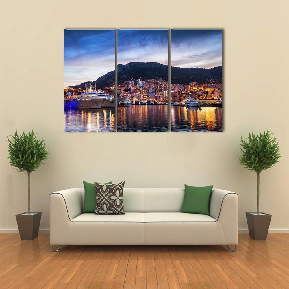 Principality Of Monaco Evening Skyline Canvas Wall Art-4 Pop-Gallery Wrap-50" x 32"-Tiaracle