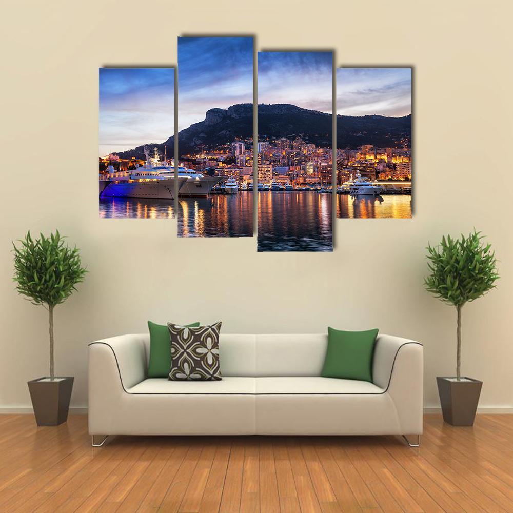Principality Of Monaco Evening Skyline Canvas Wall Art-4 Pop-Gallery Wrap-50" x 32"-Tiaracle