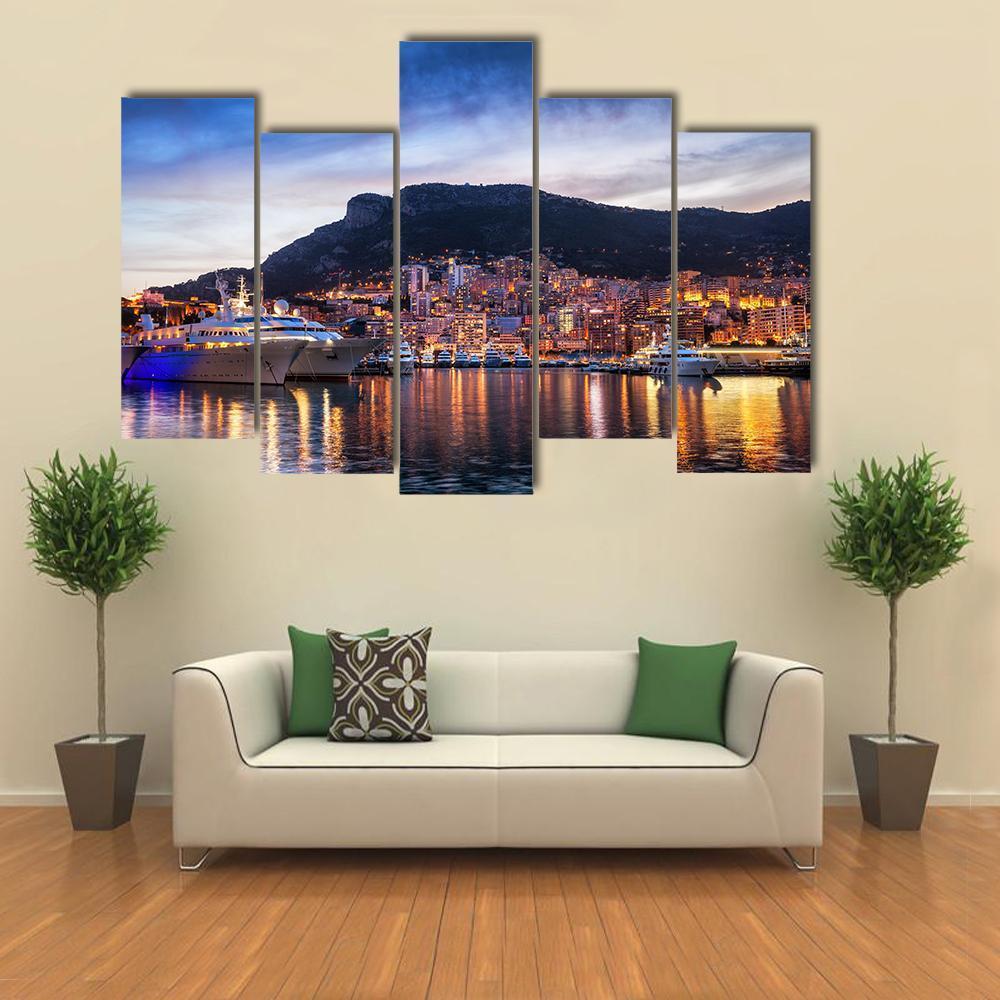 Principality Of Monaco Evening Skyline Canvas Wall Art-5 Pop-Gallery Wrap-47" x 32"-Tiaracle