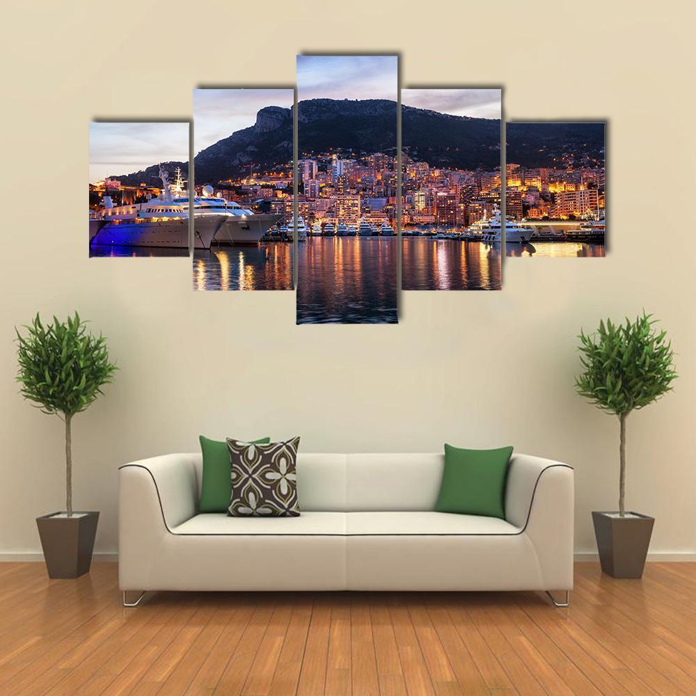 Principality Of Monaco Evening Skyline Canvas Wall Art-5 Star-Gallery Wrap-62" x 32"-Tiaracle