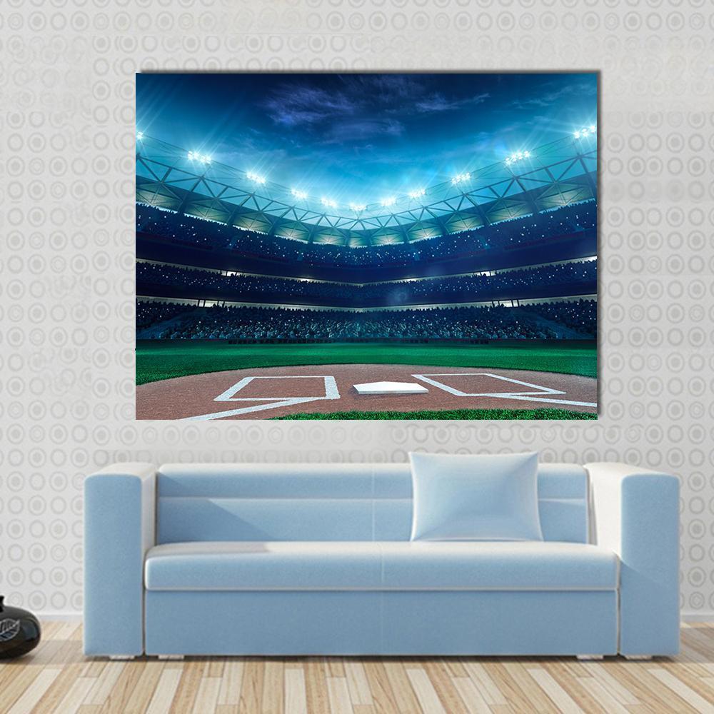 Baseball Grand Arena at Night Canvas Wall Art in black, green and blue, single panel hung on a wall