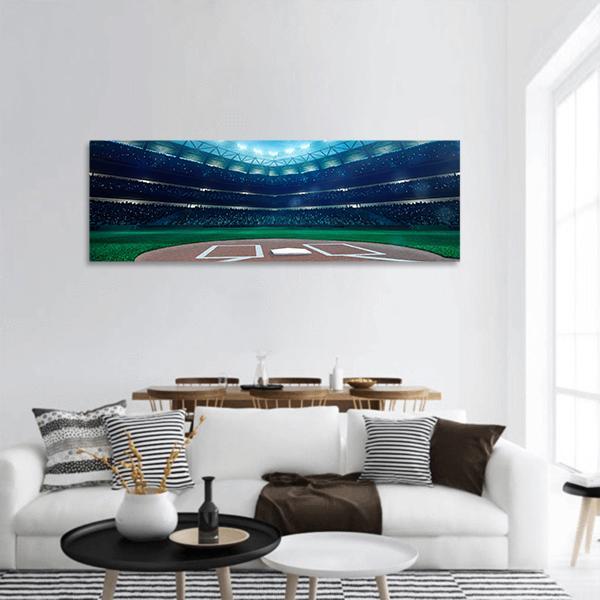 Night Game at Grand Baseball Stadium Panoramic Canvas Wall Art in green, blue and navy, hung on a wall