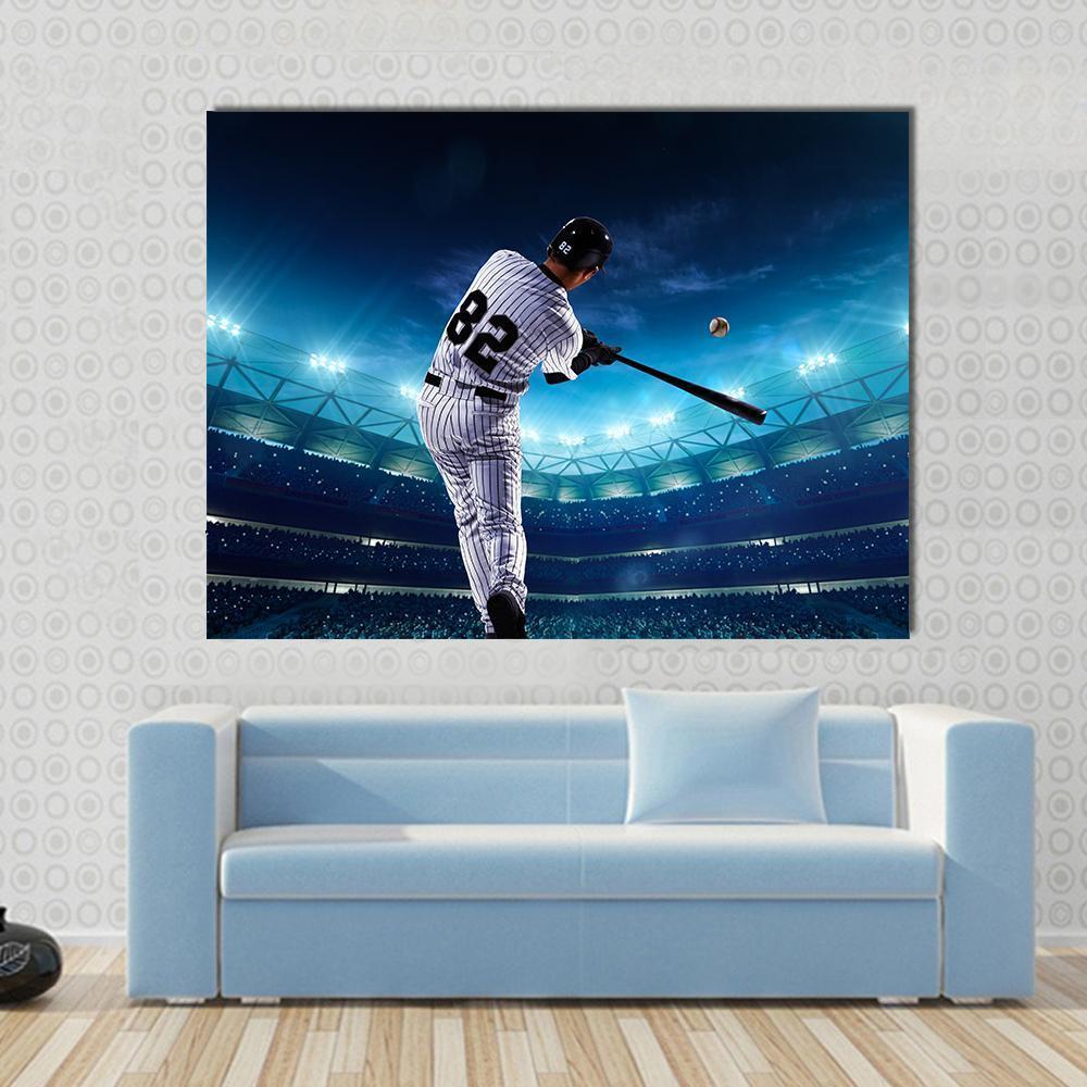 Professional Baseball Players in the Grand Arena Canvas Wall Art in black, white and blue, single panel hung on a wall