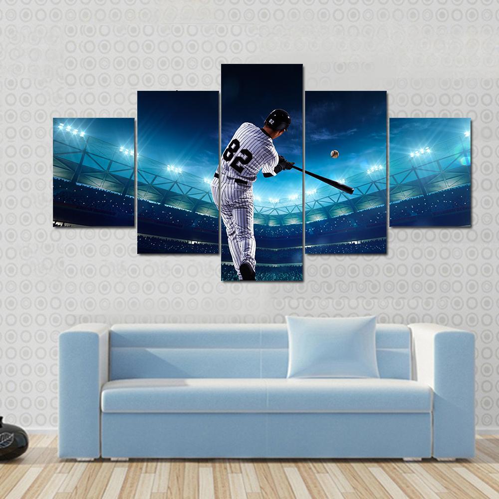 Professional Baseball Players On The Grand Arena In Night Canvas Wall Art-5 Star-Gallery Wrap-62" x 32"-Tiaracle