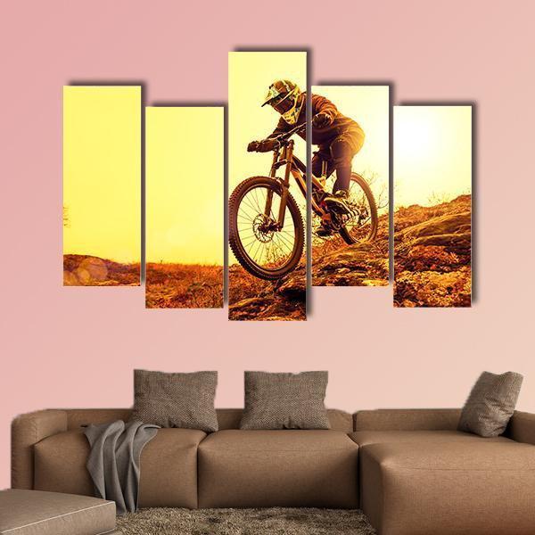 Cyclist Riding Mountain Bike Canvas Wall Art-5 Pop-Gallery Wrap-47&quot; x 32&quot;-Tiaracle