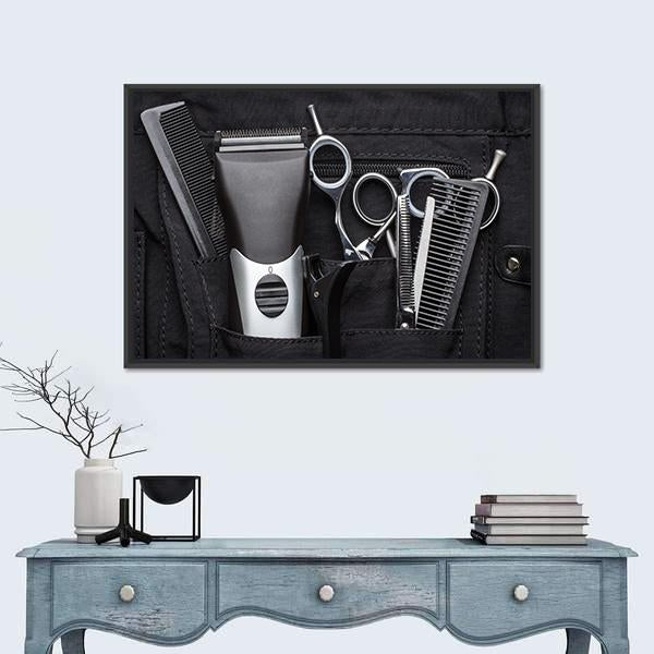 Professional Hairdressing Tools Close-up Canvas Wall Art in black, gray and silver, framed canvas, product view on a white background