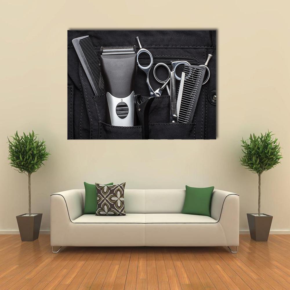 Professional Hairdresser Tools Canvas Wall Art in black, gray and silver, single panel hung on a wall