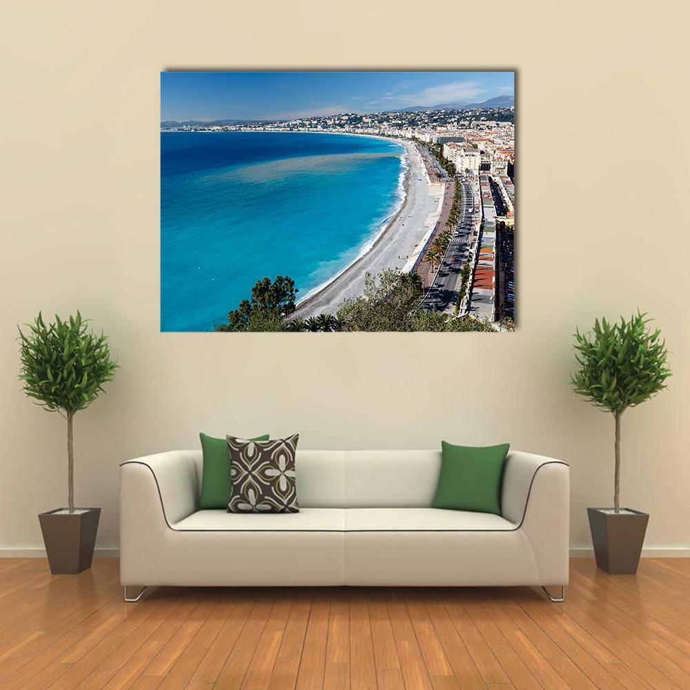Promenade Des Anglais Beach, Nice Canvas Wall Art in white and blue, single panel hung on a wall
