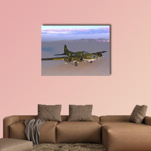 B-17 Flying Fortress in Desert Sunset Canvas Wall Art in beige, green and blue, single panel hung on a wall