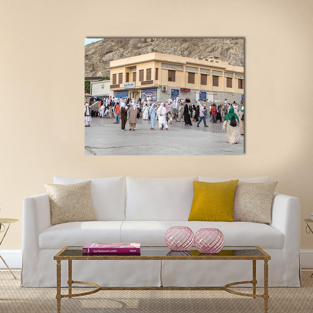 Birthplace of Prophet Muhammad in Mecca Canvas Wall Art in gray, beige and brown, single panel hung on a wall